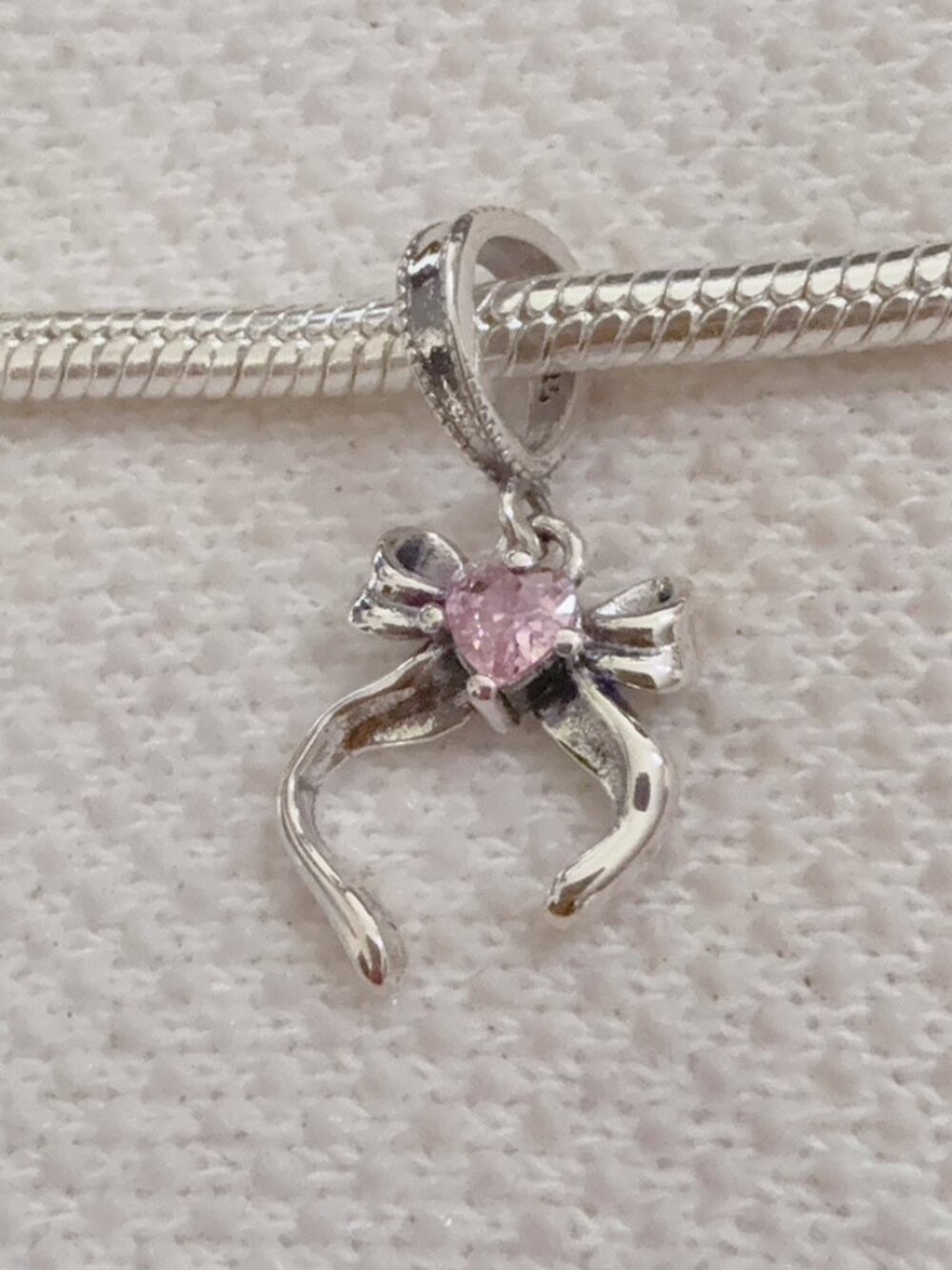 Pink Bow Silver Charm For Pandora Bracelet or Necklace
